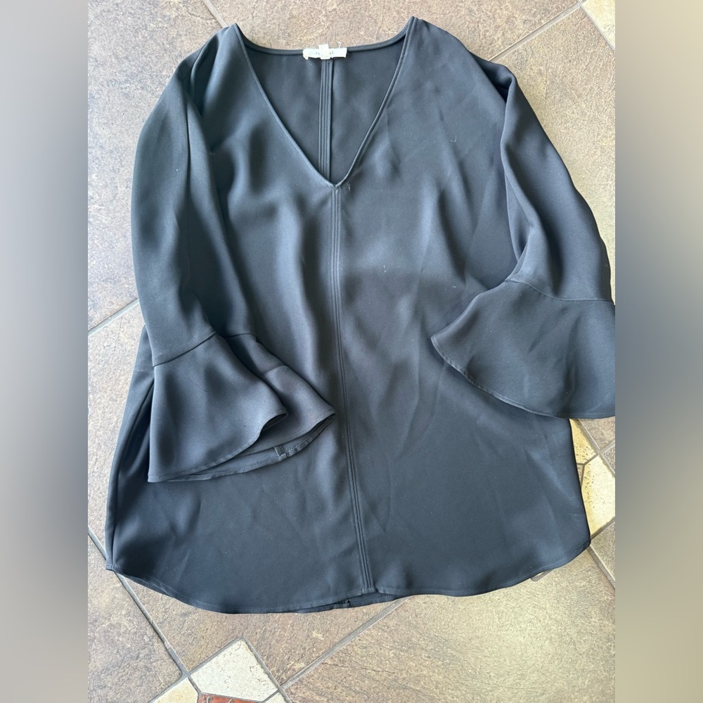 Pleione Black V-Neck Blouse with Bell Sleeves